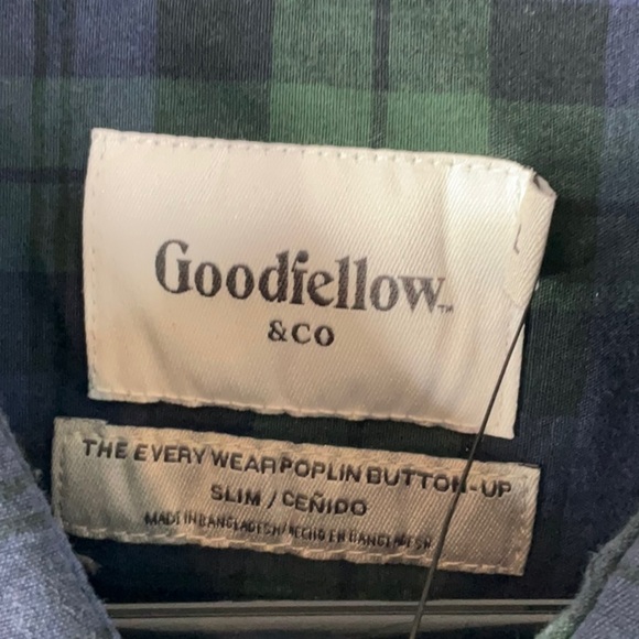 GOODFELLOW Mens Blue Green Plaid Standard Fit Front Bottom Midweight Shirt Large - Picture 4 of 8